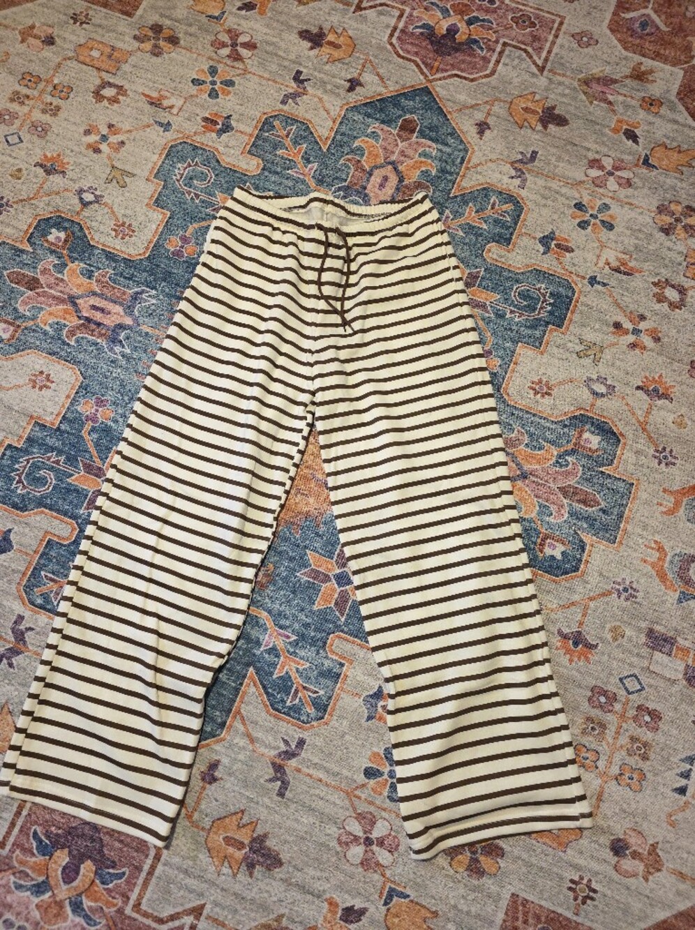 Striped wide leg pants in brown and cream White & Brown
